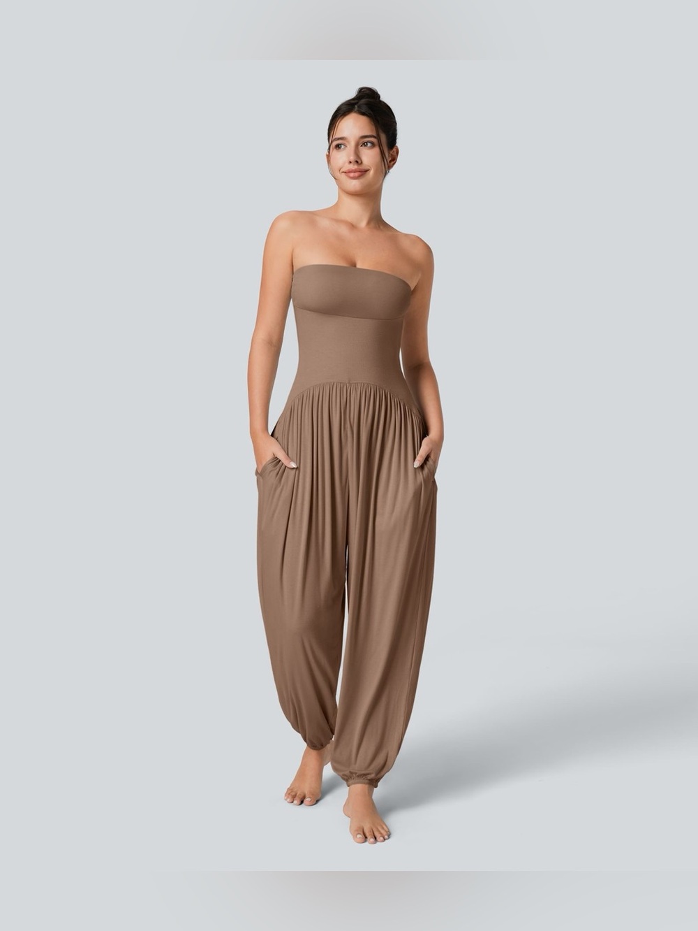 HALARA Strapless Tube Backless Taupe Tan Jumpsuit Women’s M Regular NWT